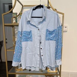Sequin Embellished Light Blue Denim Jacket